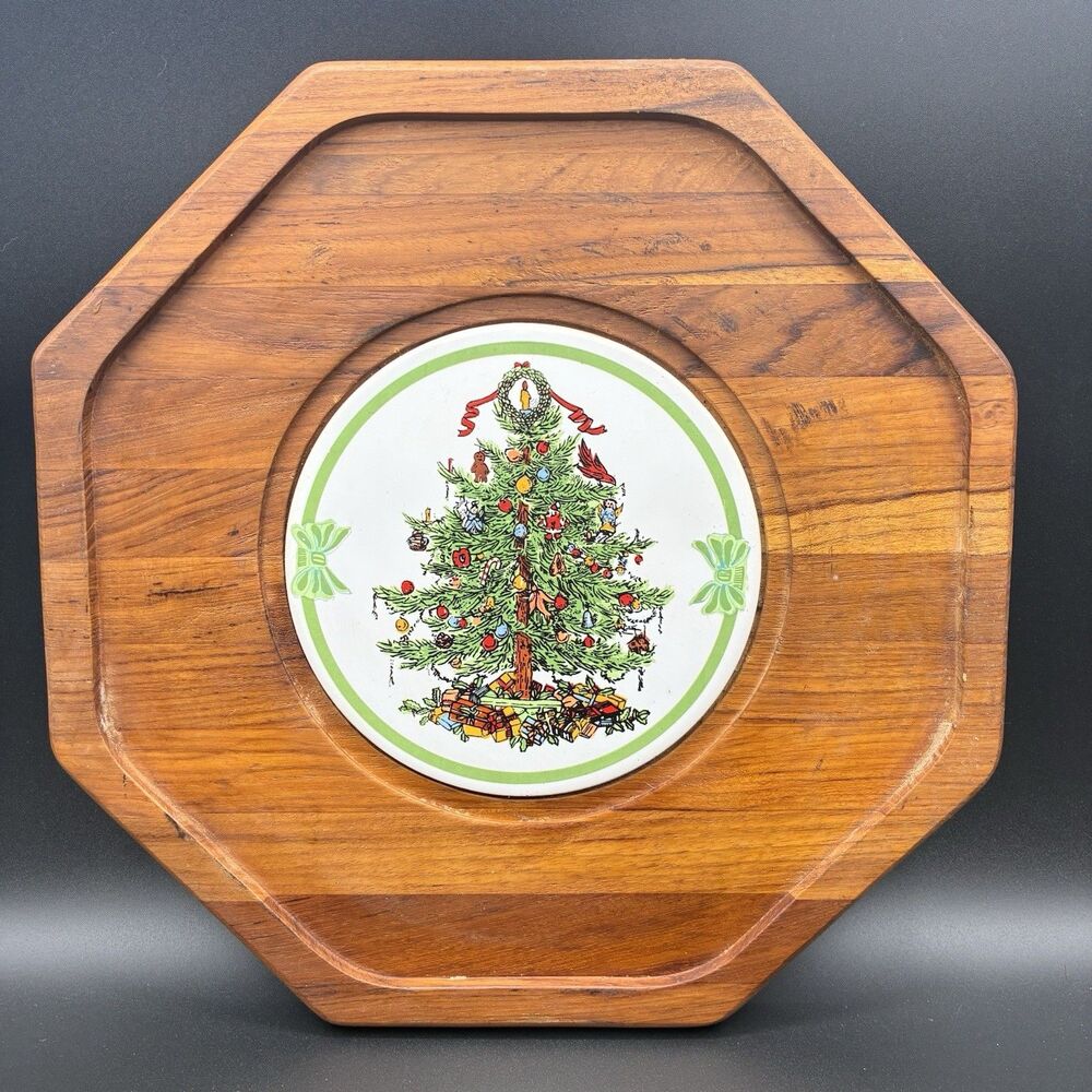 Vintage Dolphin Teakwood Tray Trivet w/ Ceramic Tile Christmas Tree 12” Retro